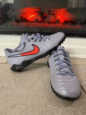 Nike Light Gray Turf Soccer Shoes with Orange Swoosh